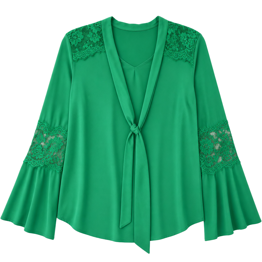 Haute Monde Green Tie-Neck Blouse with Lace Bell Sleeves 1