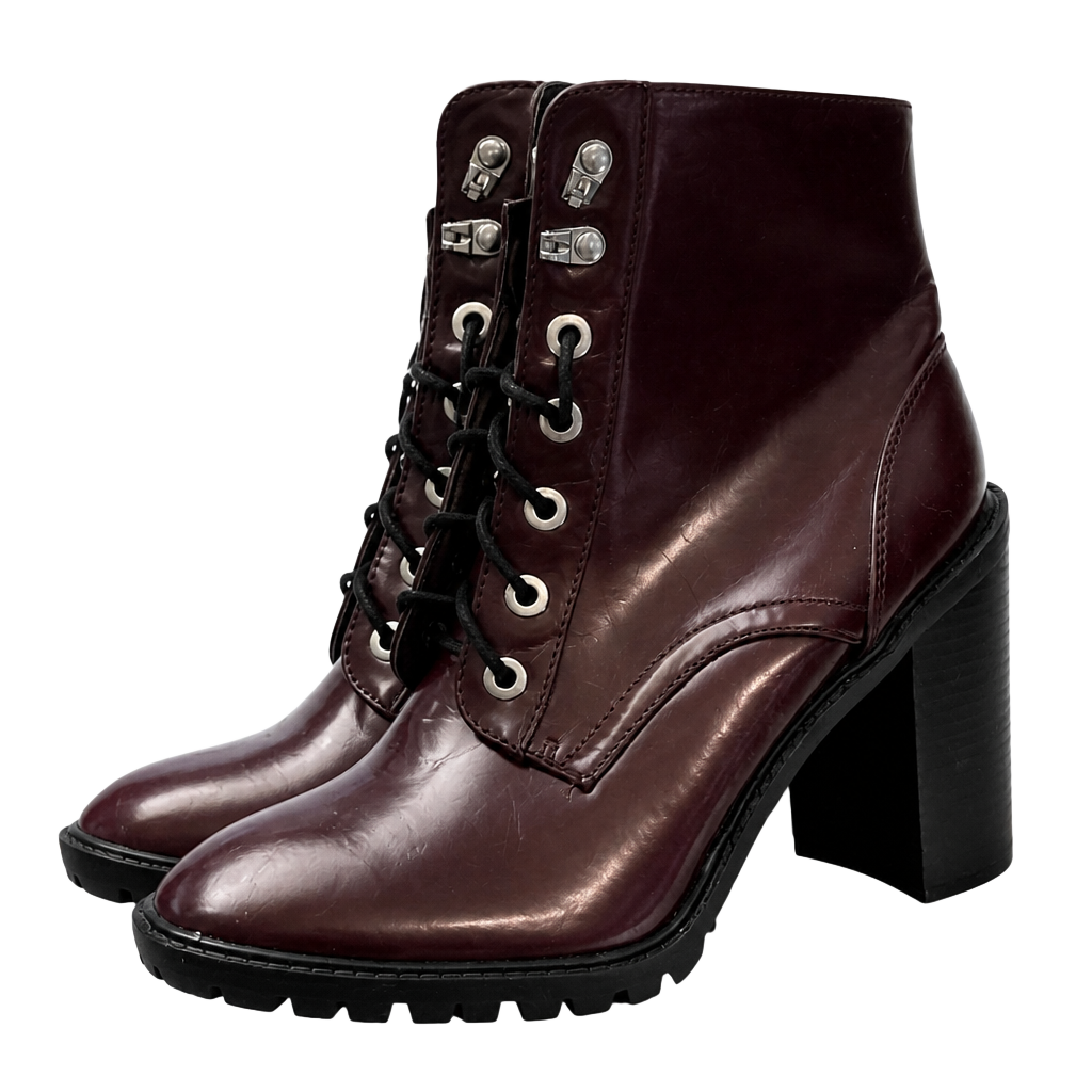 Burgundy Patent Leather Lace-Up Chunky Heel Ankle Boots Size 9 1