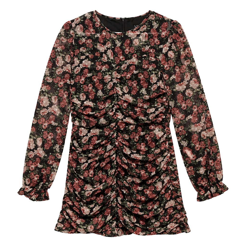 VICI Dress Medium Black Floral Long Sleeve Ruched Mini Y2K cottagecore fairy coquette 1