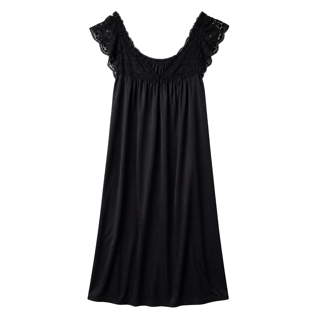 Miss Elaine Vintage Black Lace Trim Satin Nightgown 1