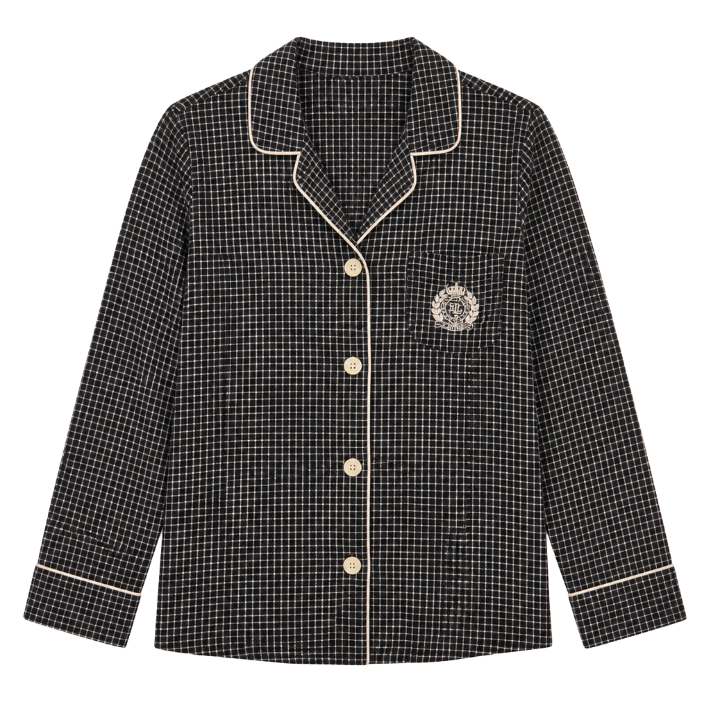 Lauren Ralph Lauren Women's Black and Cream Check Flannel Pajama Top with LRL Monogram 1