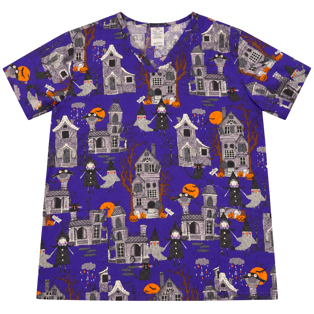 Cherokee Halloween Print Scrub Top 2XL Purple Spooky Houses 1
