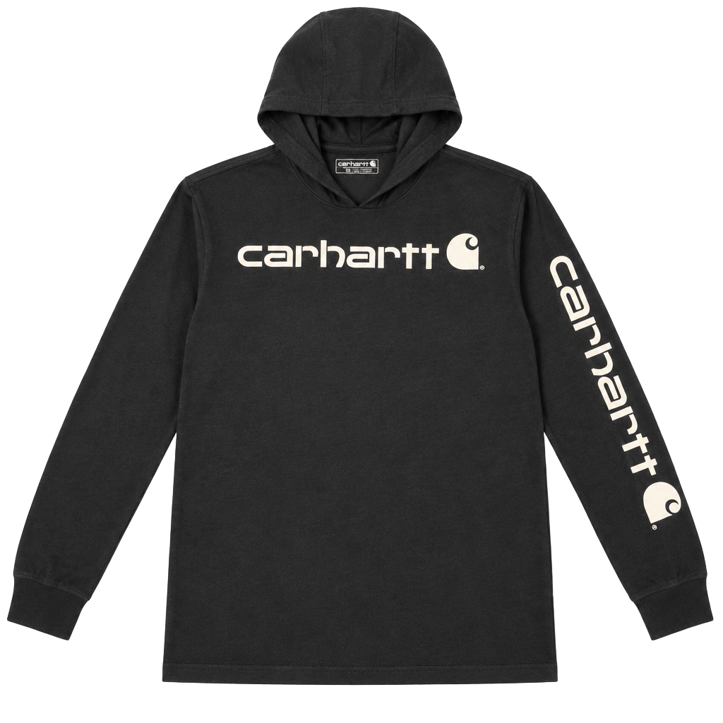 Youth Carhartt Long Sleeve Hooded T-Shirt Size XL (18-20) Black Graphic Logo 1