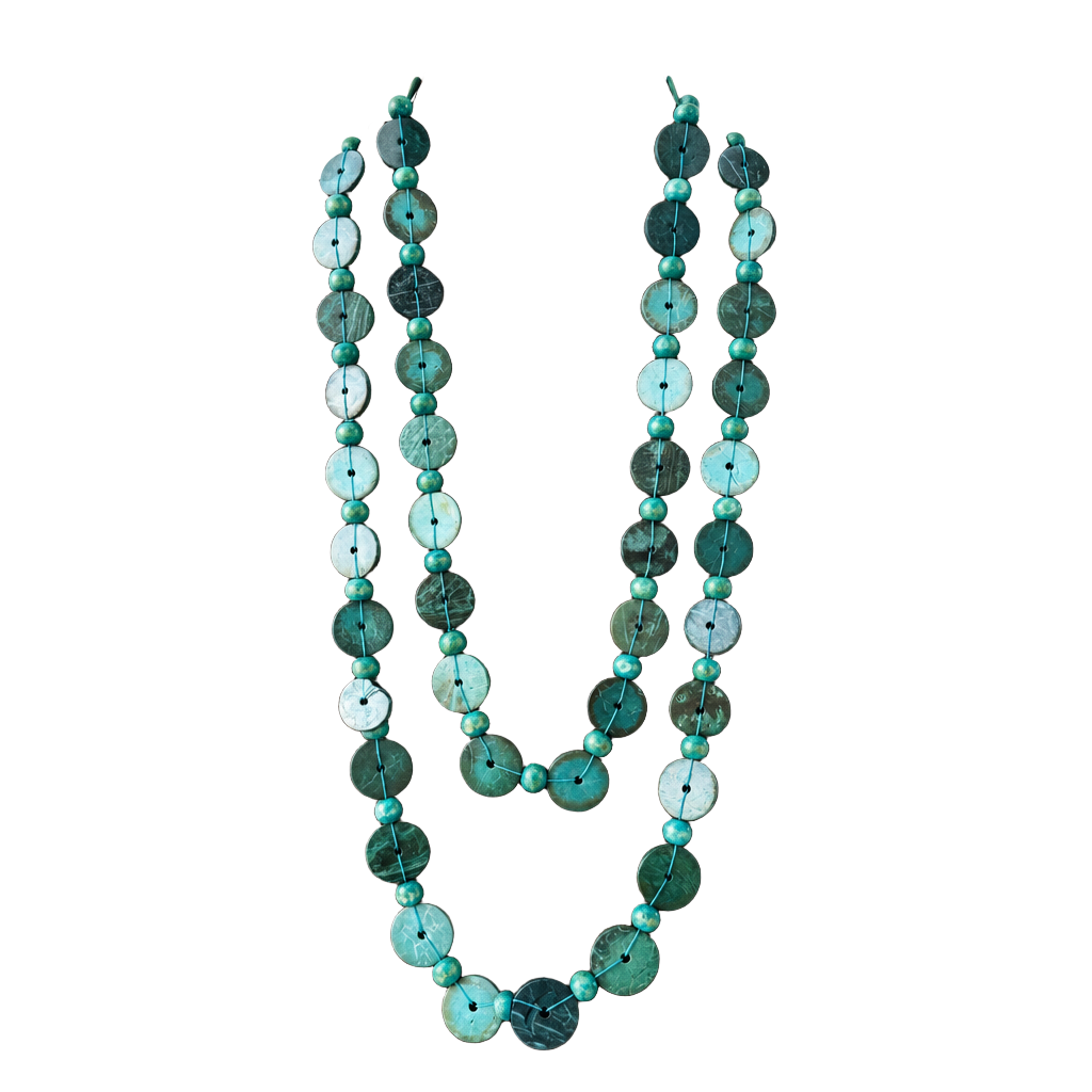 Dyed Coconut Shell Disc Multi Strand Turquoise Necklace Boho Hippie Beach Summer 1