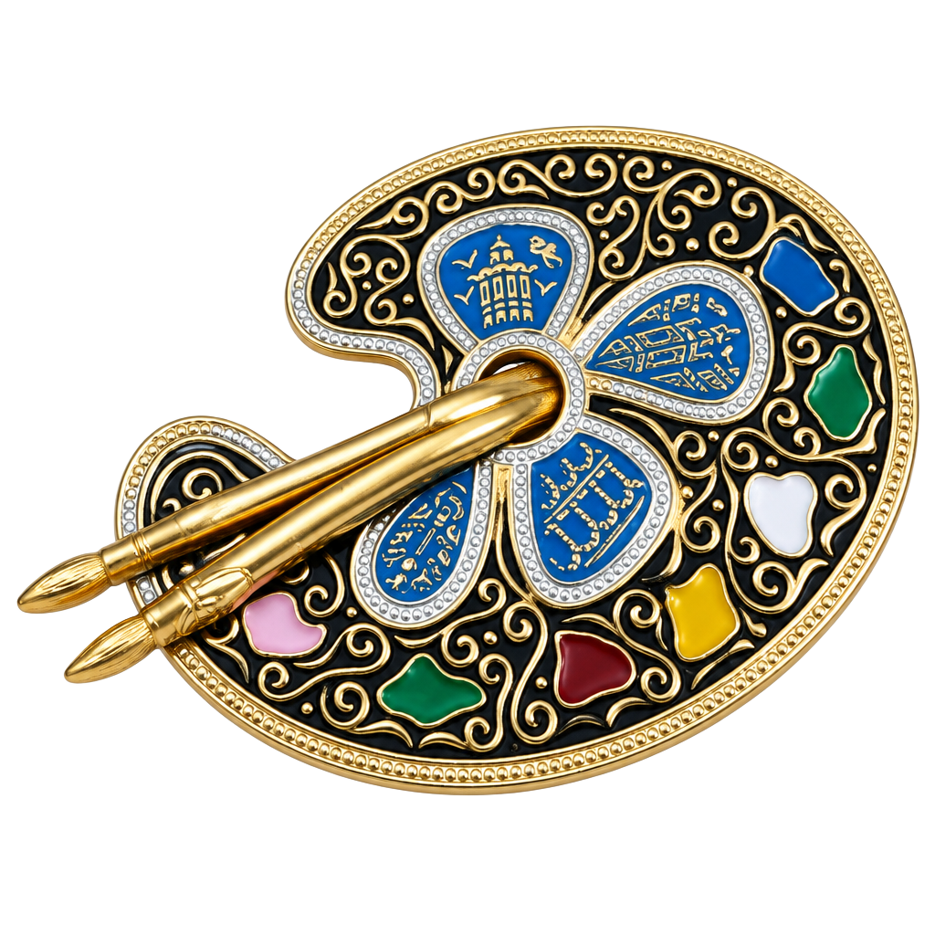 Vintage Gold Paint Palette w/Brushes Brooch Pin Damascene Spain 1