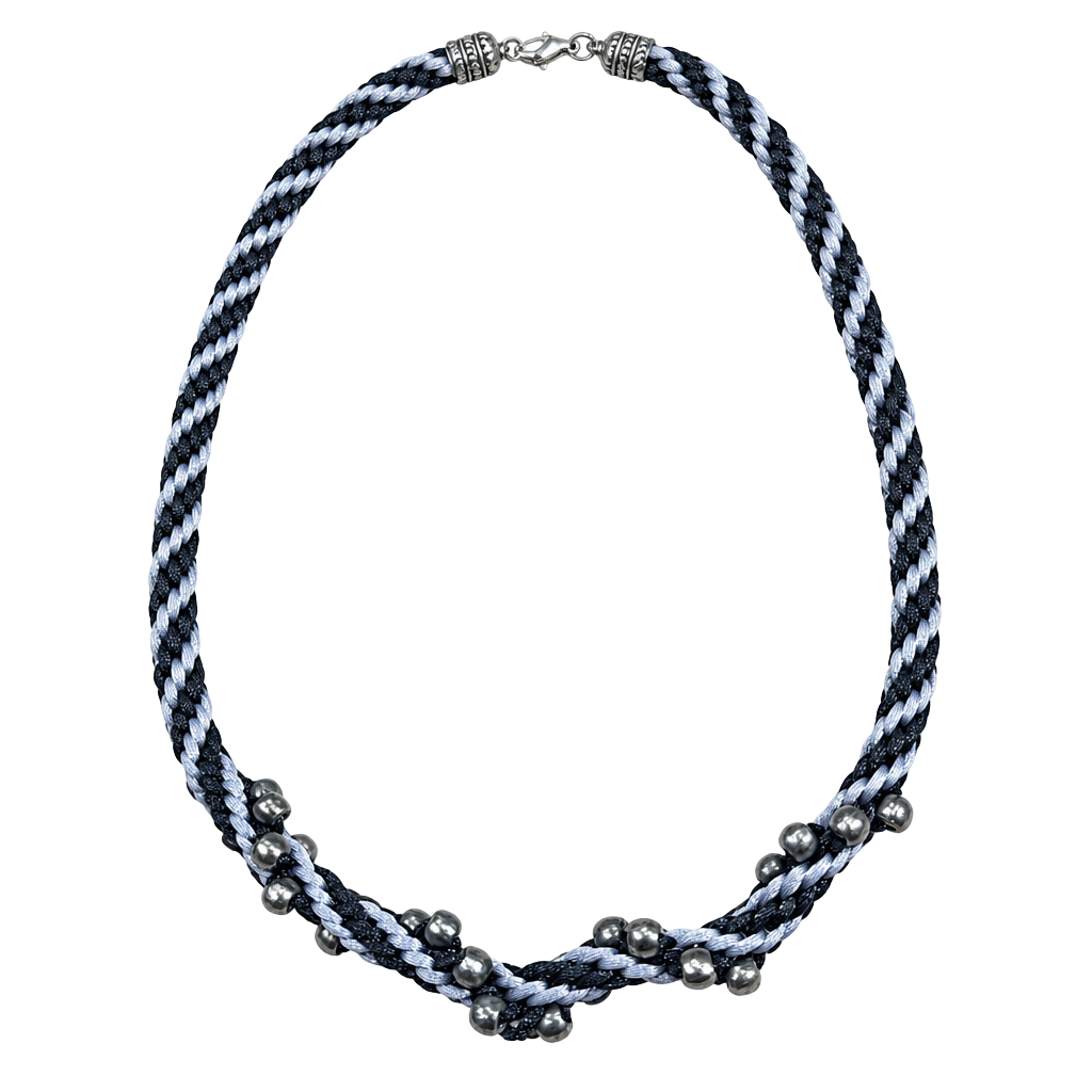 Black Silver Braided Cord Beaded Necklace Gunmetal Goth Witch Halloween Boho 1