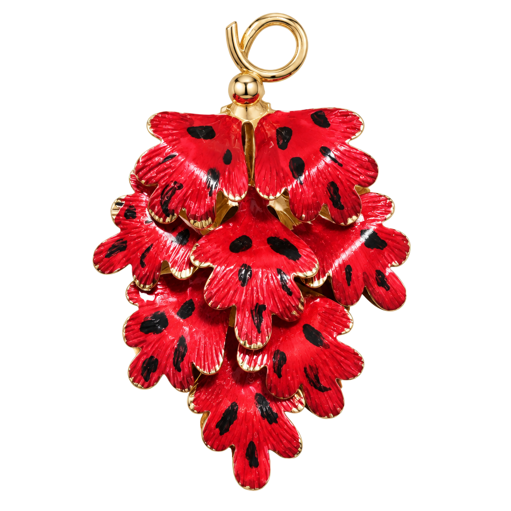 Vintag MCM Enamel Flower Brooch Pin Textured Gold Tone Strawberry Leaves 2.25" 1