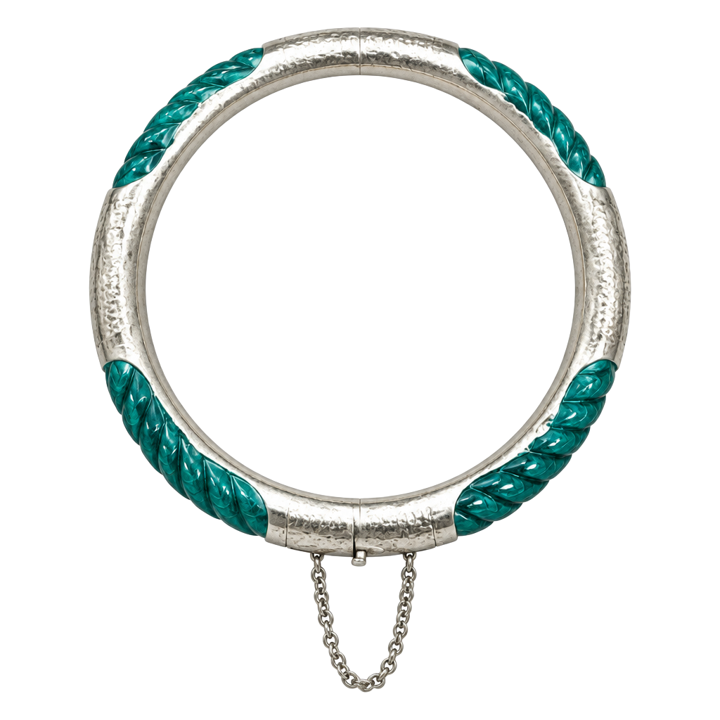 Vintage 925 Sterling Silver Carved Malachite Hinged Bangle Bracelet 30g Rare 1