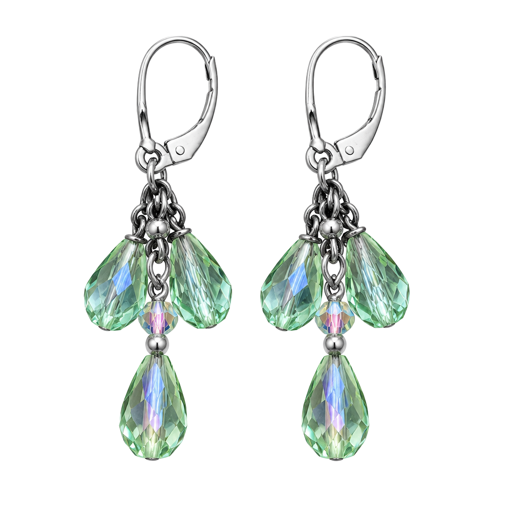 925 Sterling Silver Green AB Crystal Teardrop Dangle Leverback Earrings 1