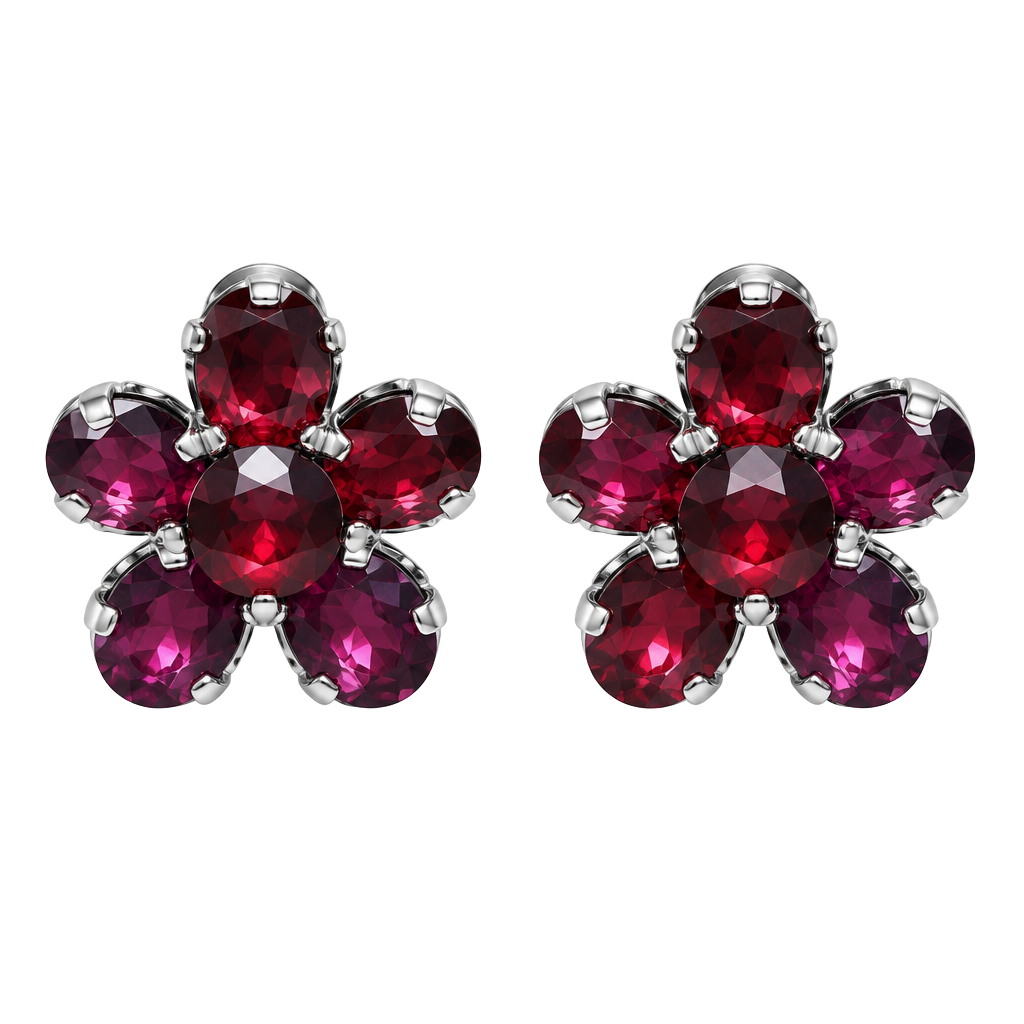 Vintage Sterling Silver Garnet Flower Screw Back Earrings Floral Cluster 1