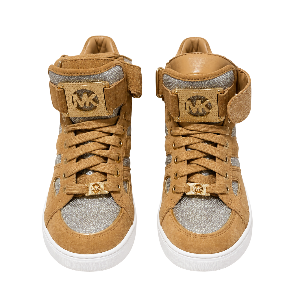 Women’s Michael Kors Fulton Tan Suede Glitter High Top Wedge Sneakers 1