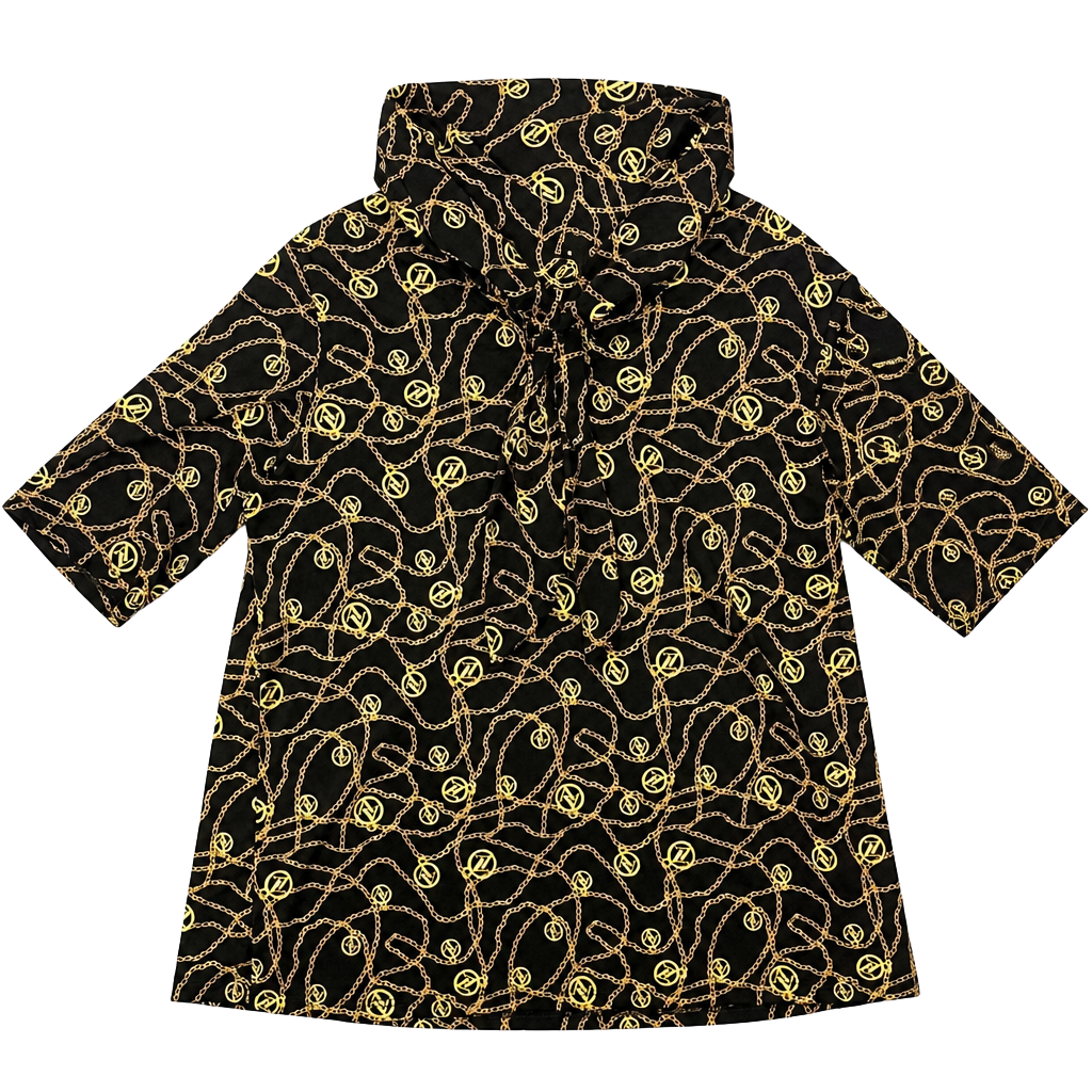 Adrienne Vittadini Black and Gold Chain Print Short Sleeve Scarf Neck Blouse Top 1