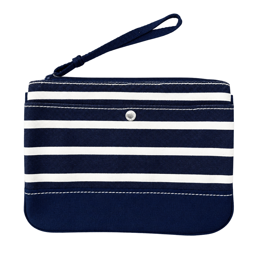 Lands' End Blue and White Striped Canvas Wristlet Clutch Cosmetic Pouch 1