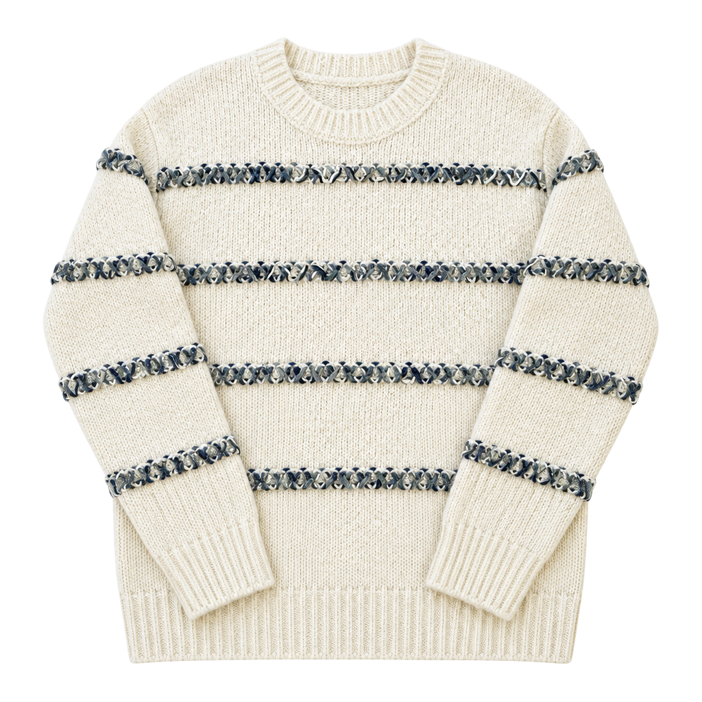 Boho Chic Ivory Sweater with woven stripes Size M 1