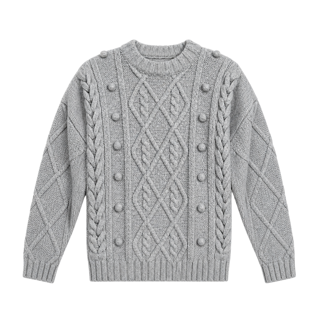 Anthropologie Line & Dot Mila Cable Knit Pom Pom Sweater Gray XS 1