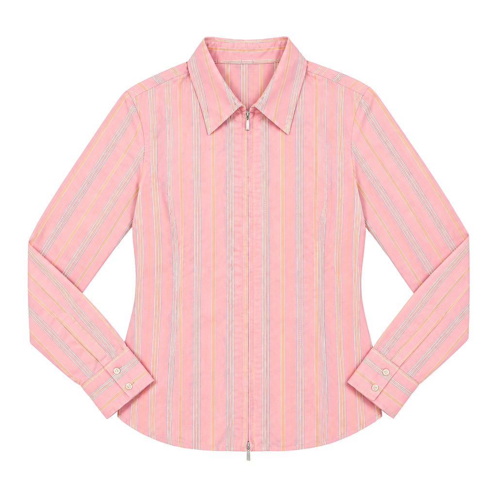 Cabi Full Zip Striped Shirt Size M Pink Long Sleeve Blouse 1