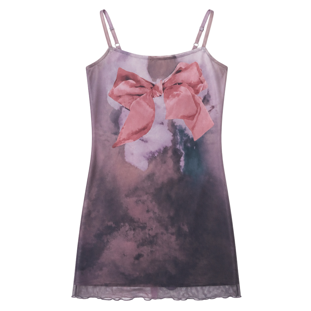 DAZY Mesh Cami Dress Brown Pink Bow Tie-Dye 1