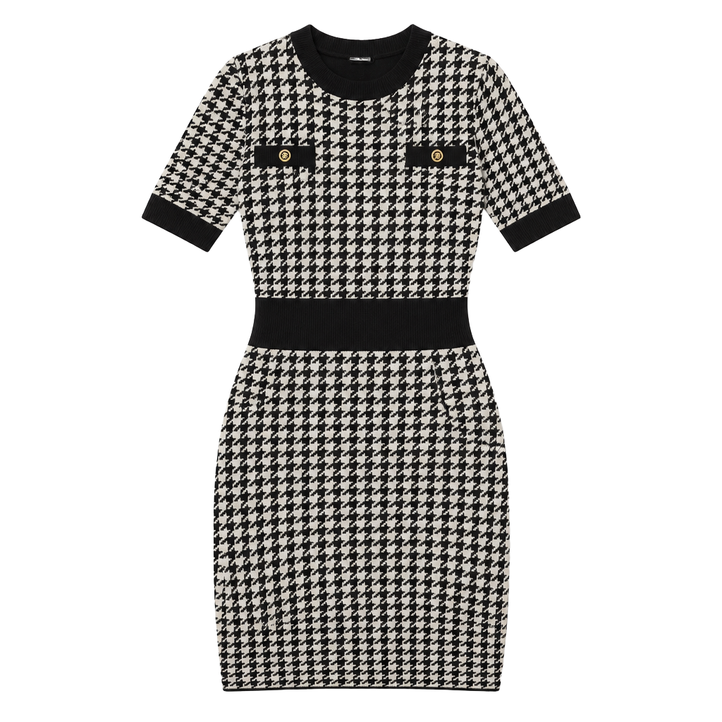 Karl Lagerfeld Houndstooth Sweater Dress Size M Black White Knit 1