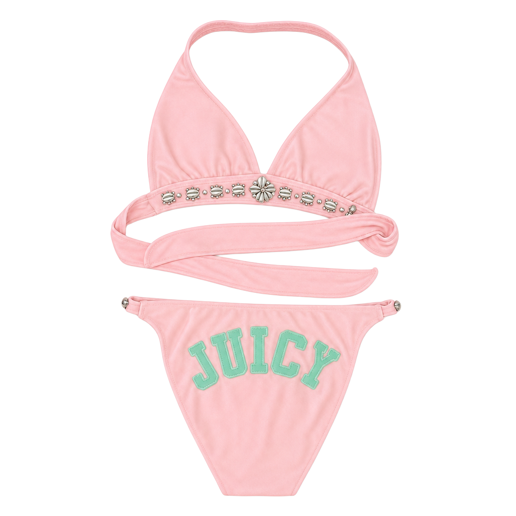 Vintage Juicy Couture Terry Cloth Pink Bikini Set with Rhinestone Shell Accents 1