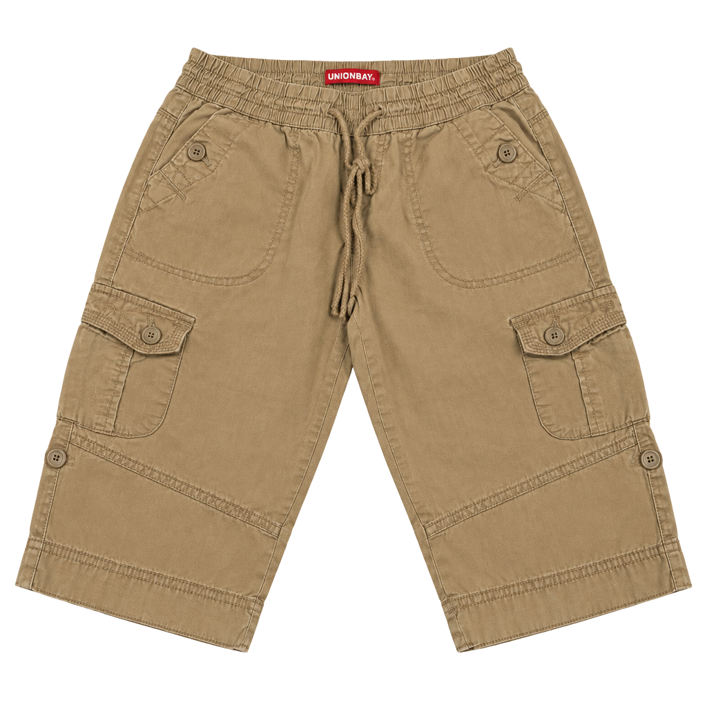 Unionbay Cargo Shorts Tan Khaki Drawstring Waist 3/4 Length 1