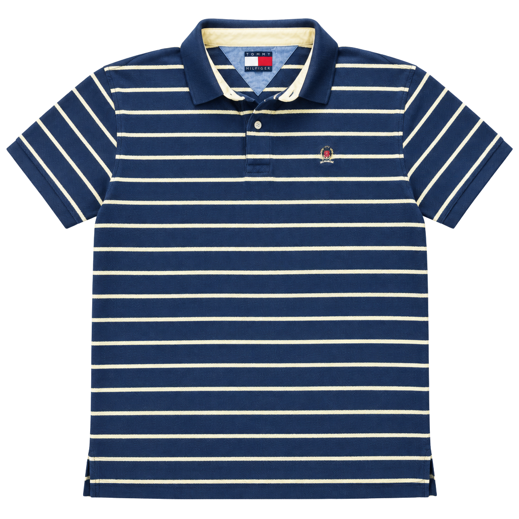 Vintage 90s Tommy Hilfiger Striped Polo Shirt Size L Blue Yellow 1