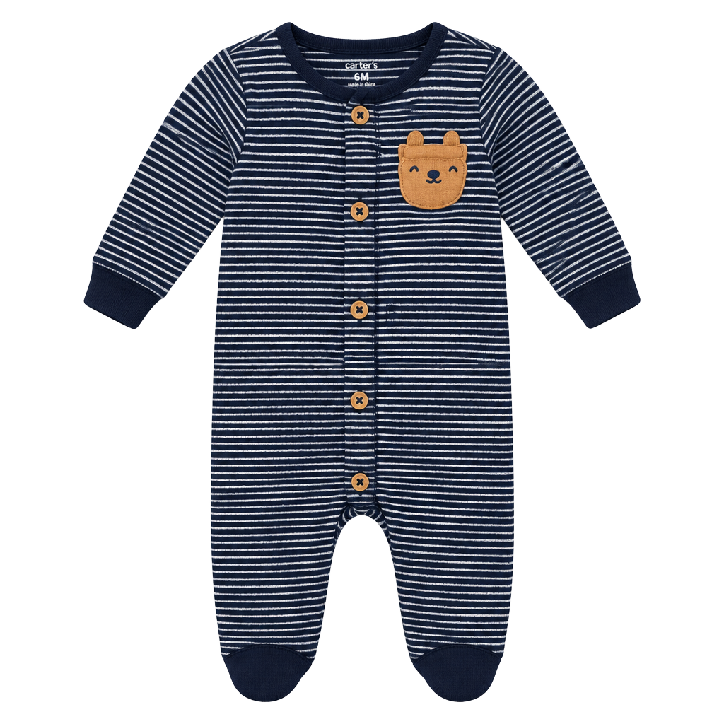 Carter's Striped Bear Pocket Footie Pajamas Size 6m Navy Blue 1