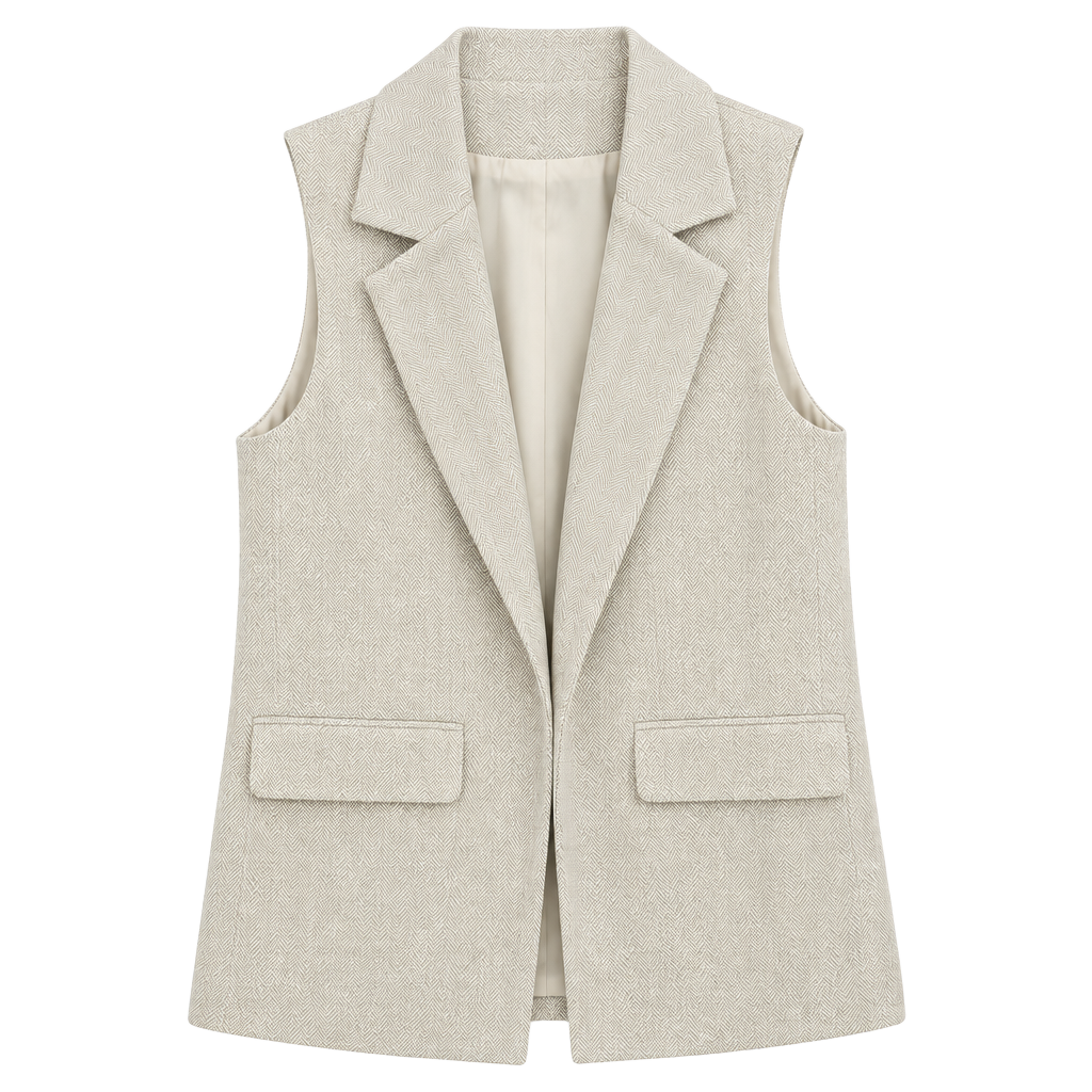EMERY ROSE Sleeveless Blazer Vest Size 1XL Beige Herringbone Lapel Pocket 1