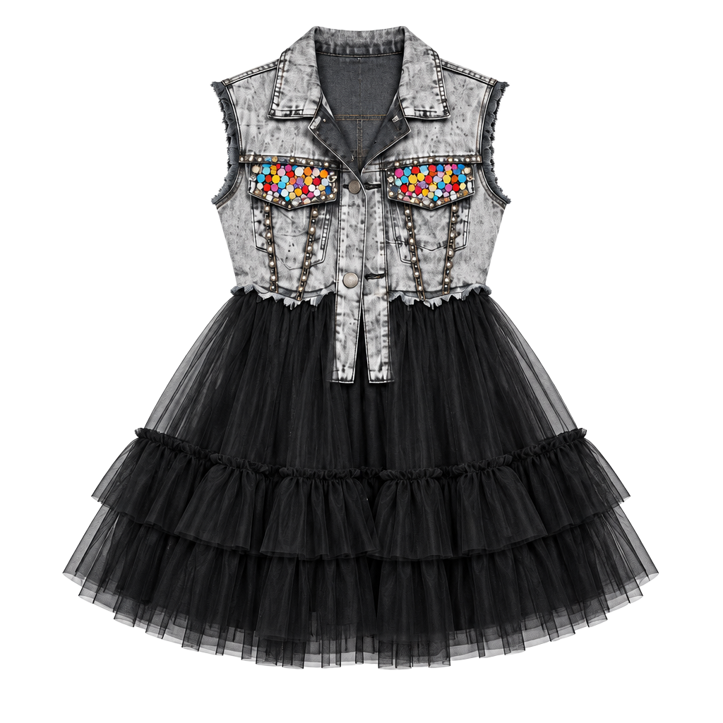 HALFHEART Denim Vest with Rhinestones Studs and Tulle Ruffle Hem 1