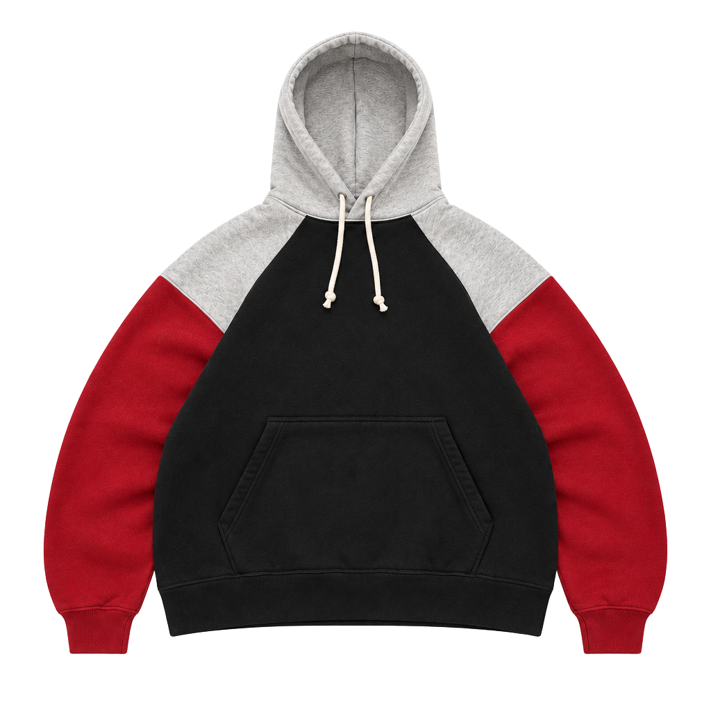 Colorblock Raglan Hoodie Black Red Gray Pullover Sweatshirt 1