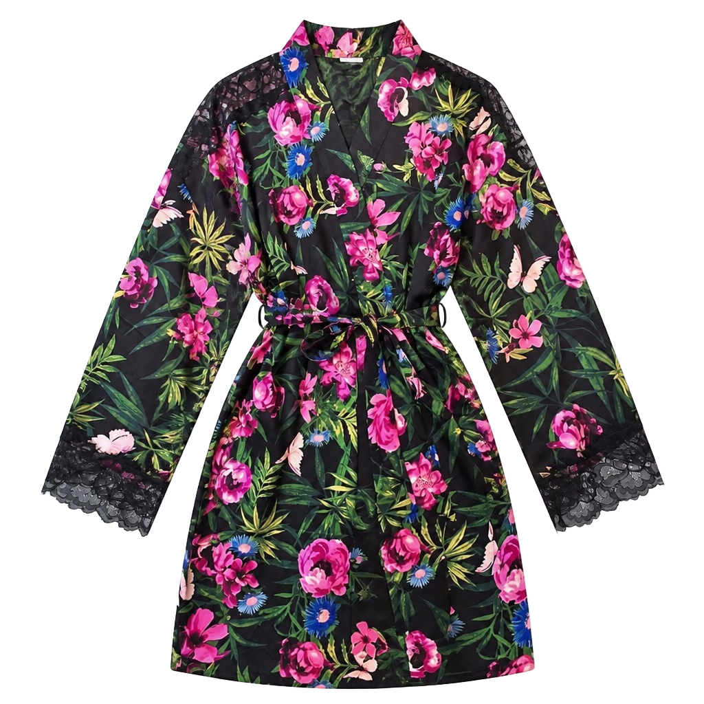 Victoria's Secret Black Tropical Floral Satin Kimono Robe with Lace Trim M/L 1