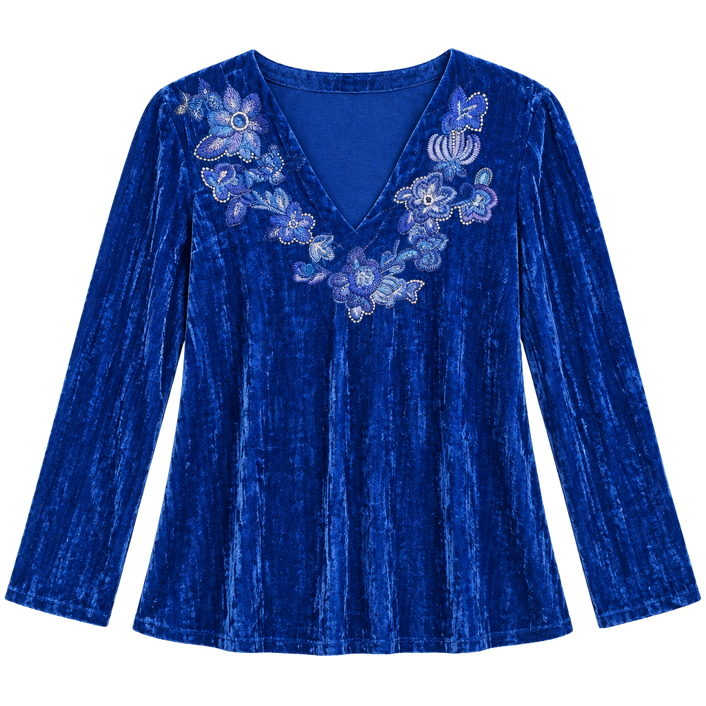 Chico'S Velvet Embroidered Tunic Size 2 Royal Blue Rayon Silk 1