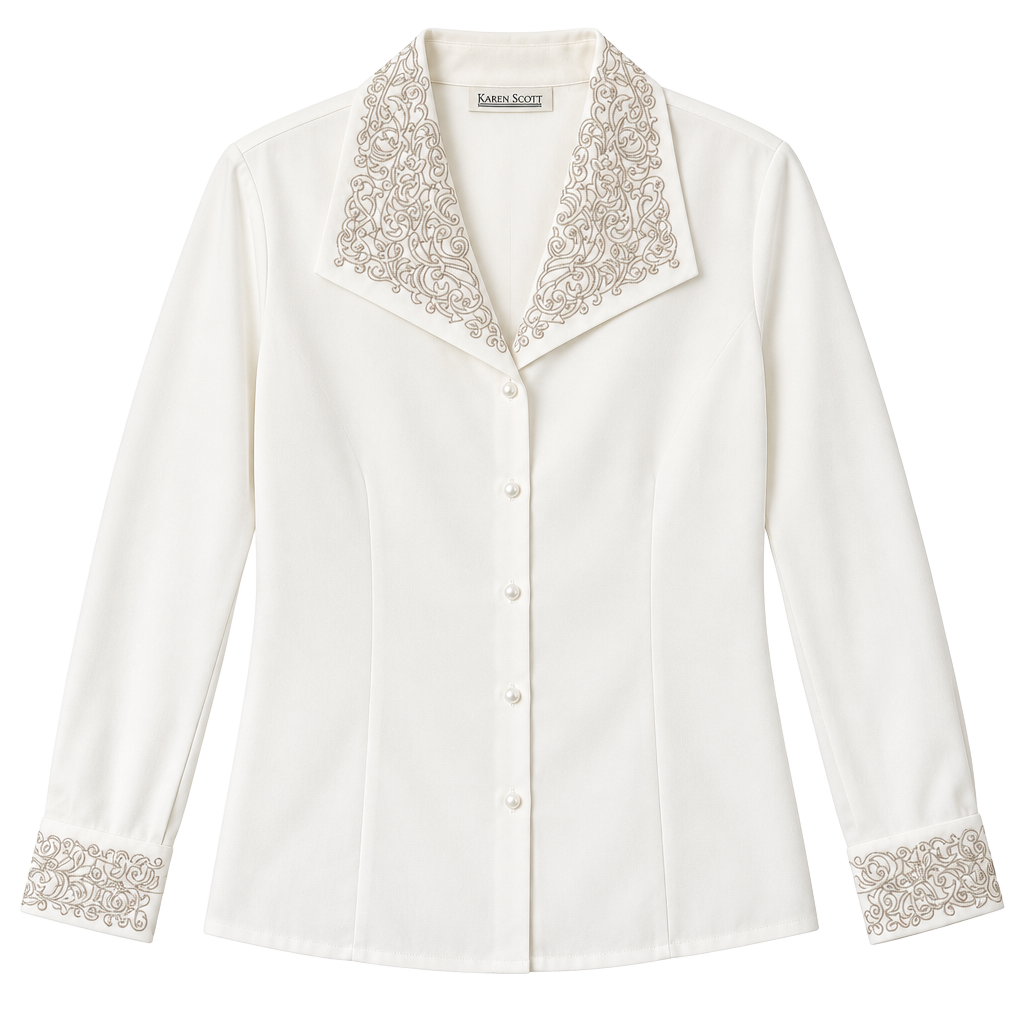 Karen Scott Embroidered Collar Blouse Size 12 White Long Sleeve 1