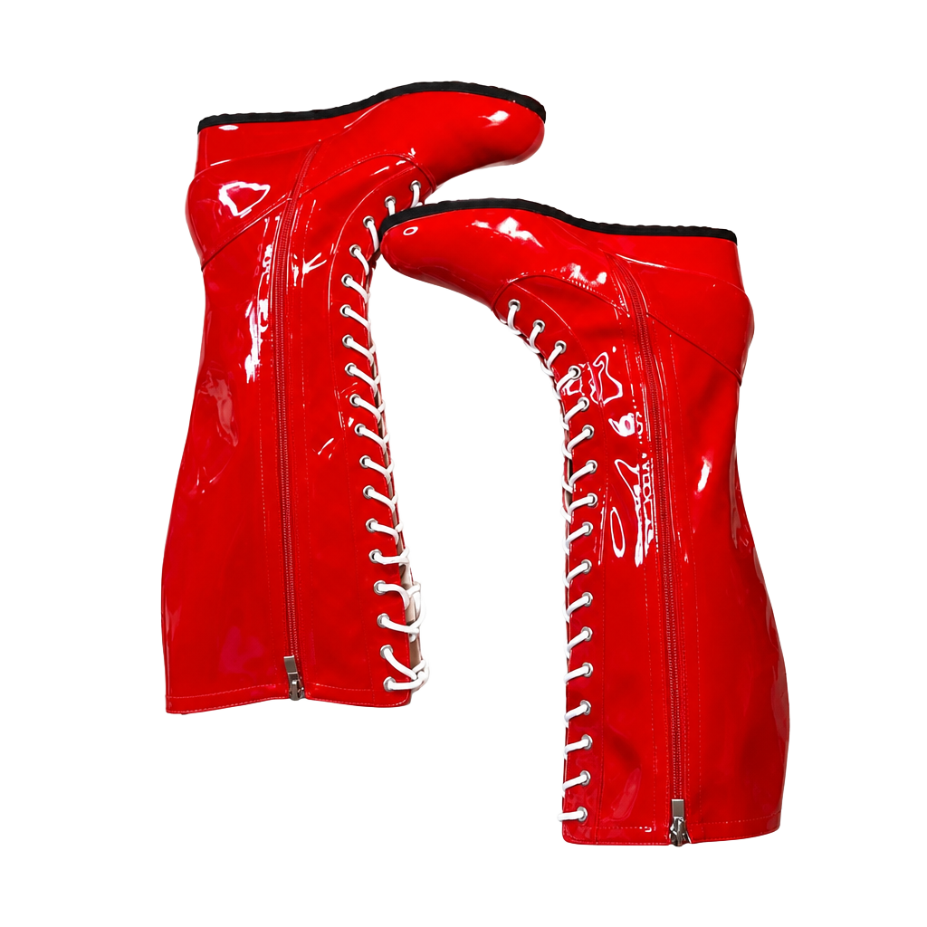 Red Patent Leather Men's Pro Wrestling Costume Knee High Boots 1