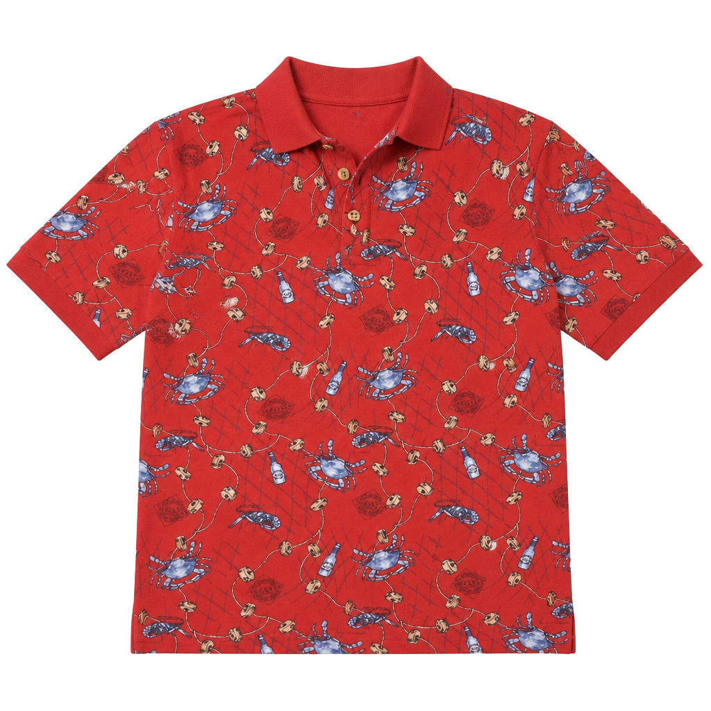 Vintage Tabasco Men's Sz Large Shrimp Crab All Over Print Red Polo Shirt 1