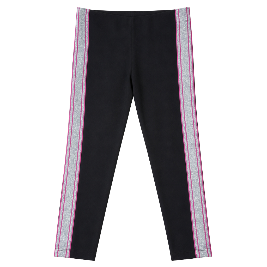 Arena Girls Black Leggings with Pink and Silver Glitter Side Stripes 1