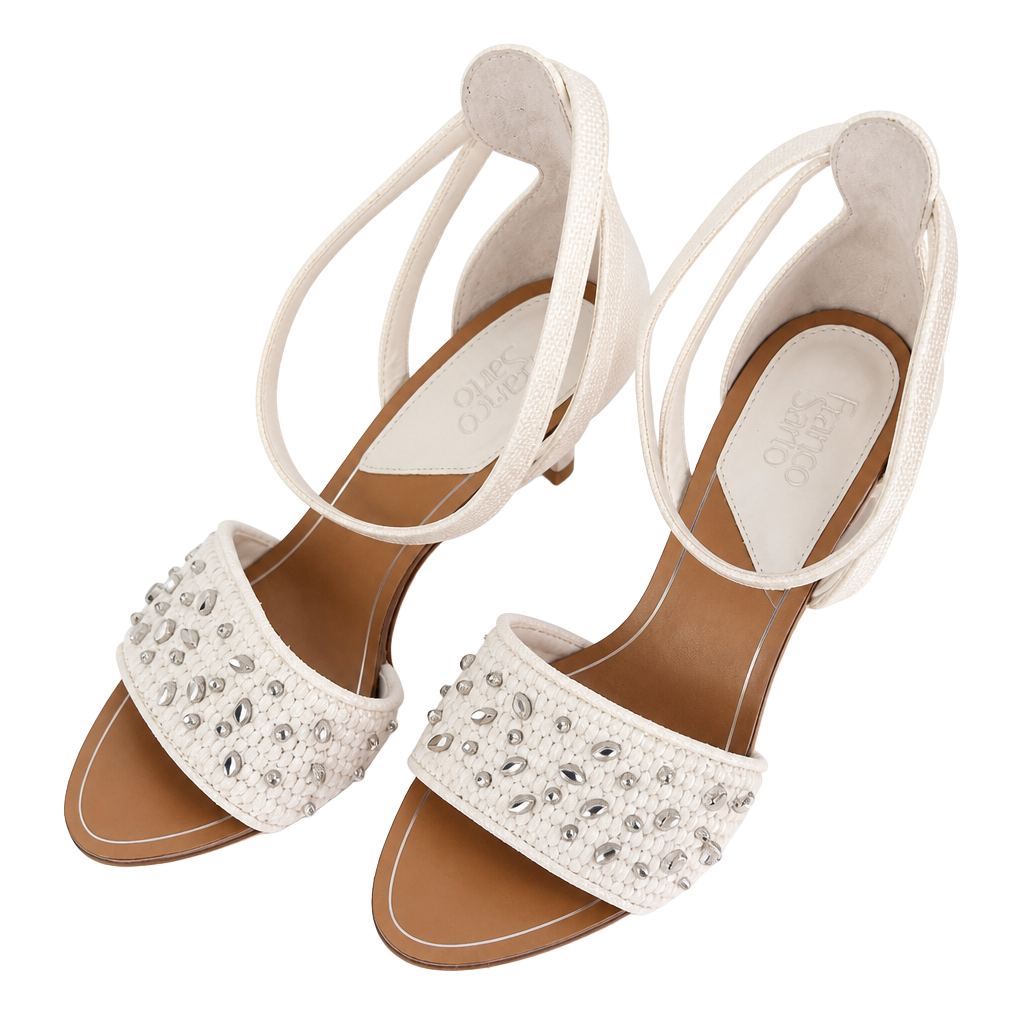 Franco Sarto White Woven Crystal Embellished Heeled Sandals 1