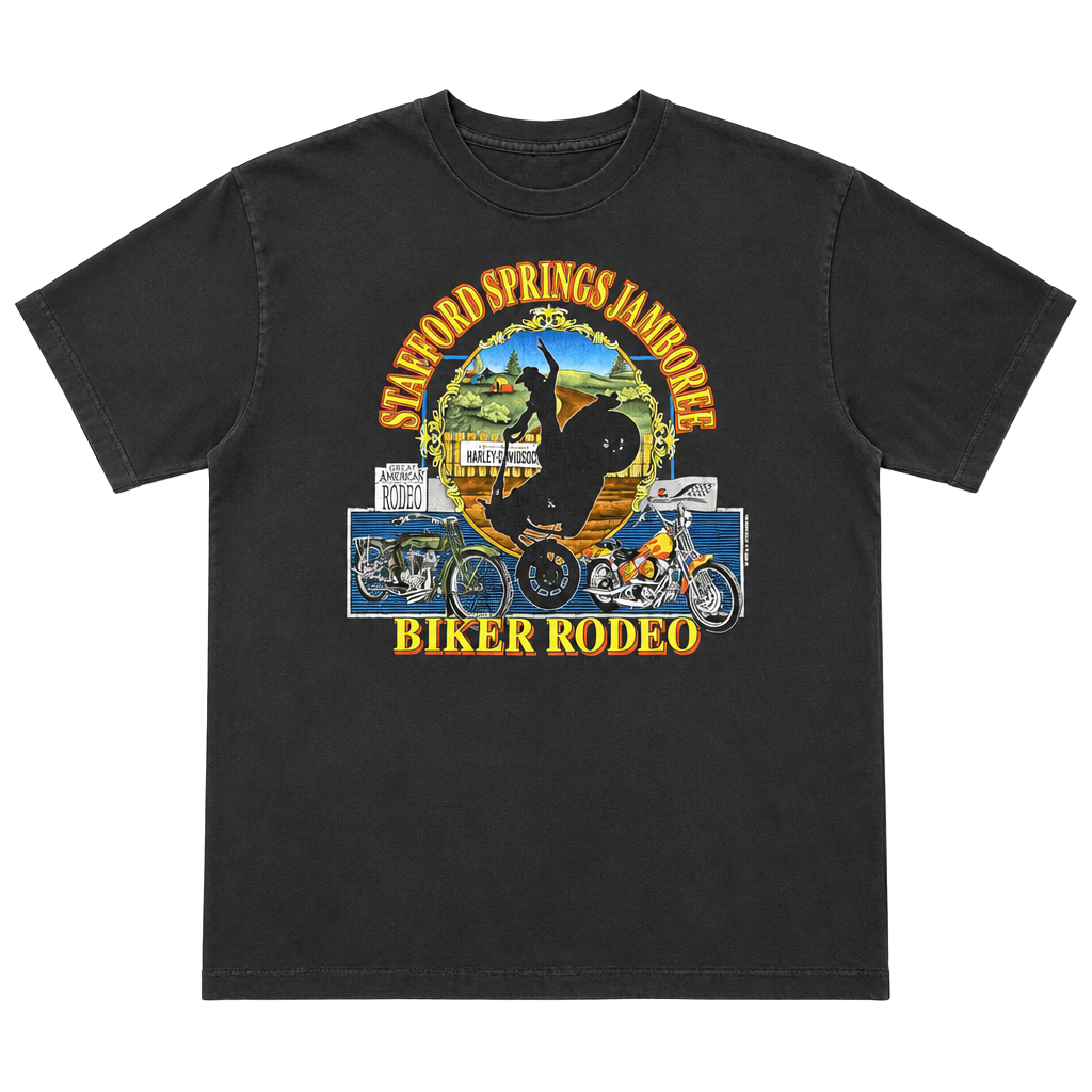 VINTAGE Stafford Springs Jamboree 1992 Biker Rodeo T-Shirt Size XXL Black 1
