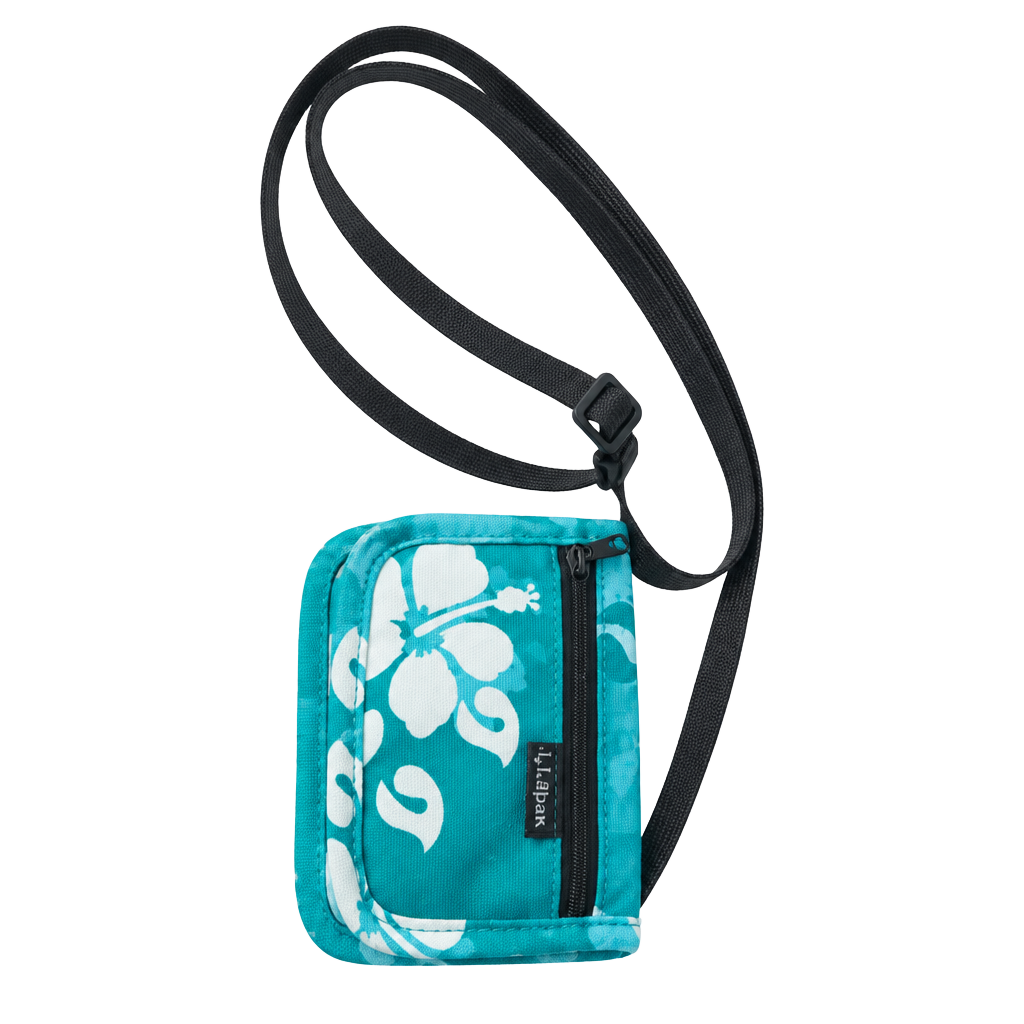 LL Bean Hawaiian Travel Neck Wallet Lanyard Zipper Snap ID Holder Blue 1