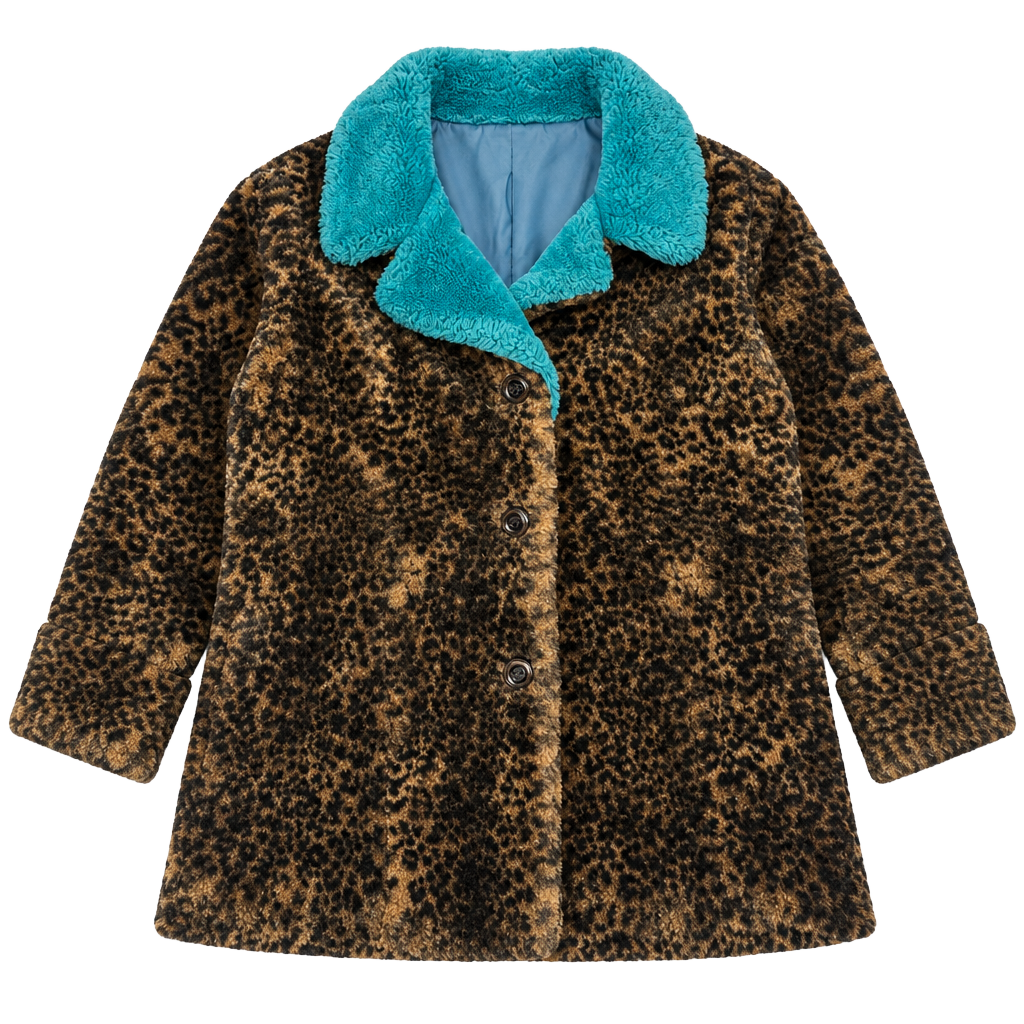 Blanc Noir Faux Fur Leopard Coat Size XL Teal Collar 1