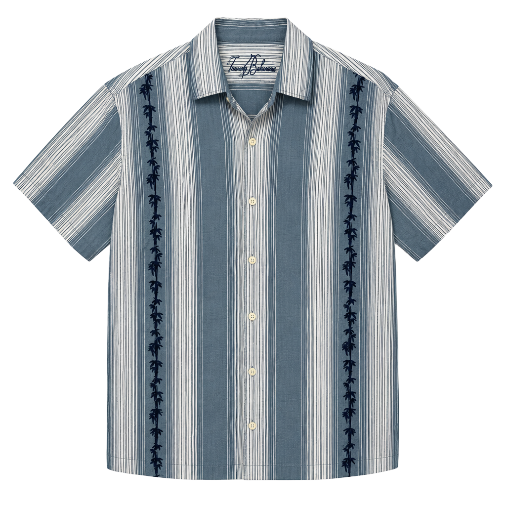 Tommy Bahama Palm Tree Hawaiian Blue Short Sleeve stripe Button Up Shirt Men's M 1