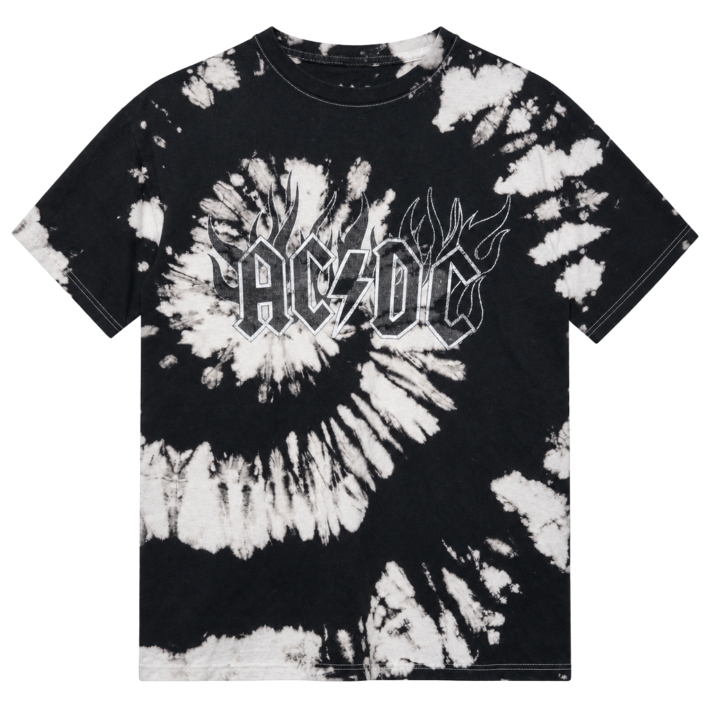 AC/DC Band T-Shirt Size L Black Off-White Tie Dye Bleach Swirl Flame Logo 1