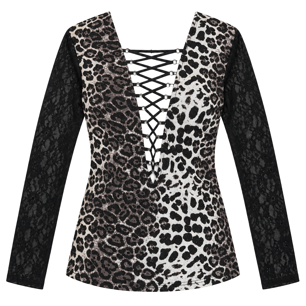 NWT Pastel Leopard Lace-Up Top Size M Black Animal Print Y2K 1