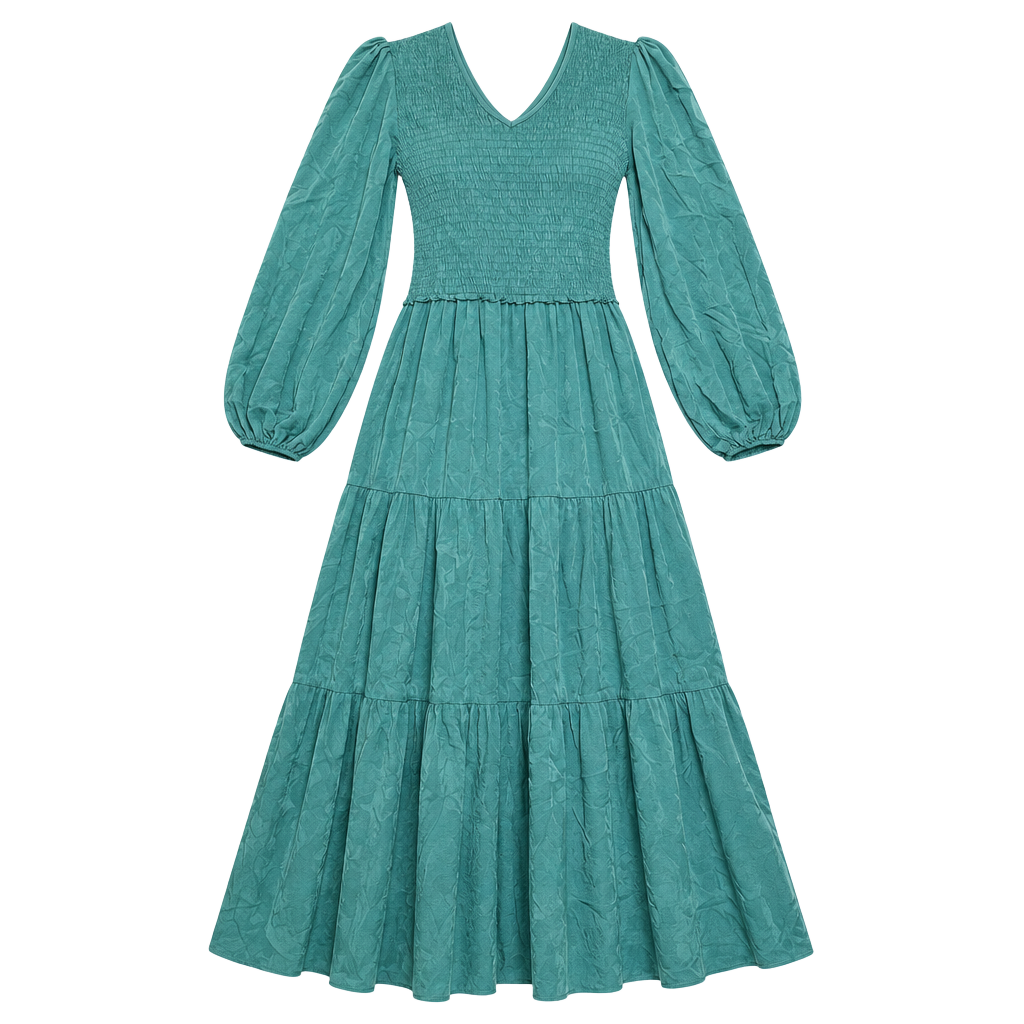 Bohme Dress Casual Long Sleeve V Neck Elastic Waist Lightweight Maxi Dark Teal 1