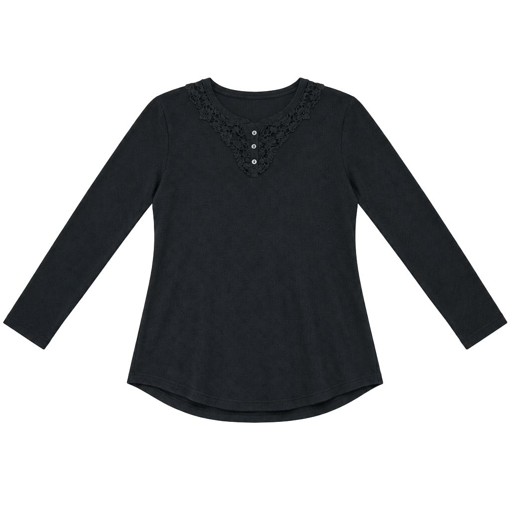NorthCrest Classic Thermal Henley Size L Black Long Sleeve Lace Trim 1