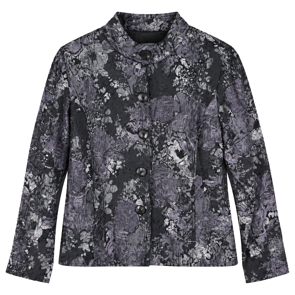Chico's Jacquard Jacket Size 1 Black Gray Purple Floral Mandarin Collar 1