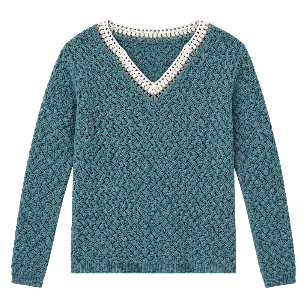 Y2K Vintage Woolrich Crochet V-Neck Long Sleeve Sweater Size S Teal 1