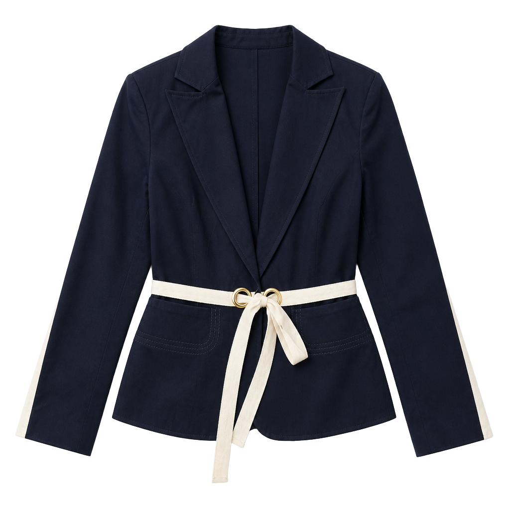 Cotton Blend Nautical Tie Waist Blazer Navy Cream Jacket 1