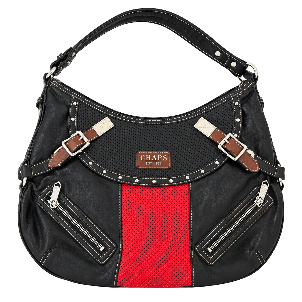 Chaps Black and Red Leather Shoulder Bag with Perforated Panel and Buckles 1