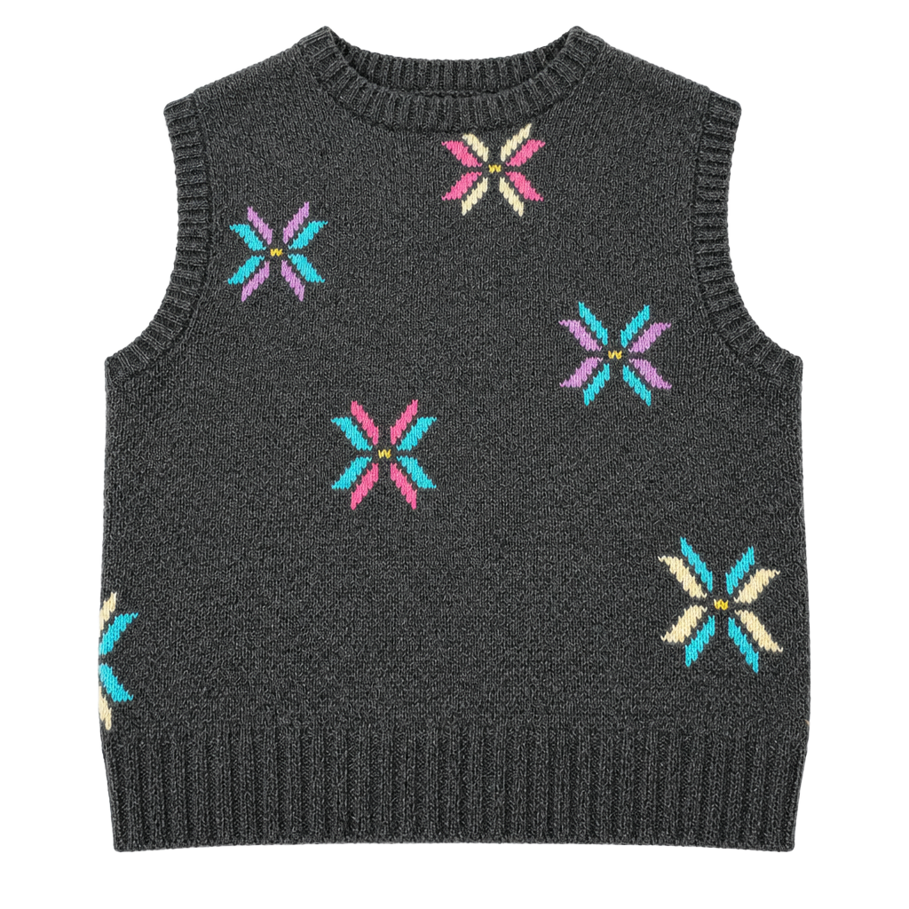 Woolrich Woman Wool Vest Size S Charcoal Floral Fair Isle Knit Sweater 1