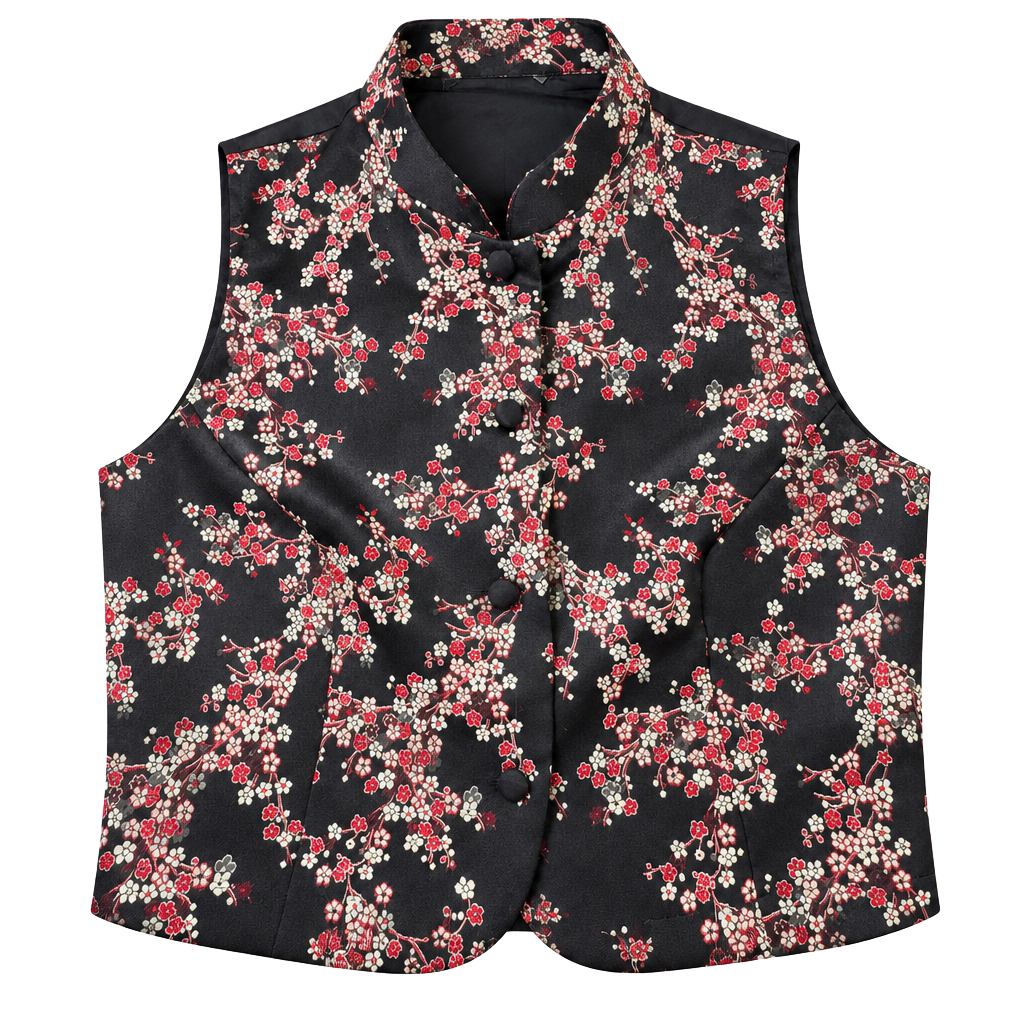 Vintage Floral Silk Mandarin Collar Vest Black Red Size M 1
